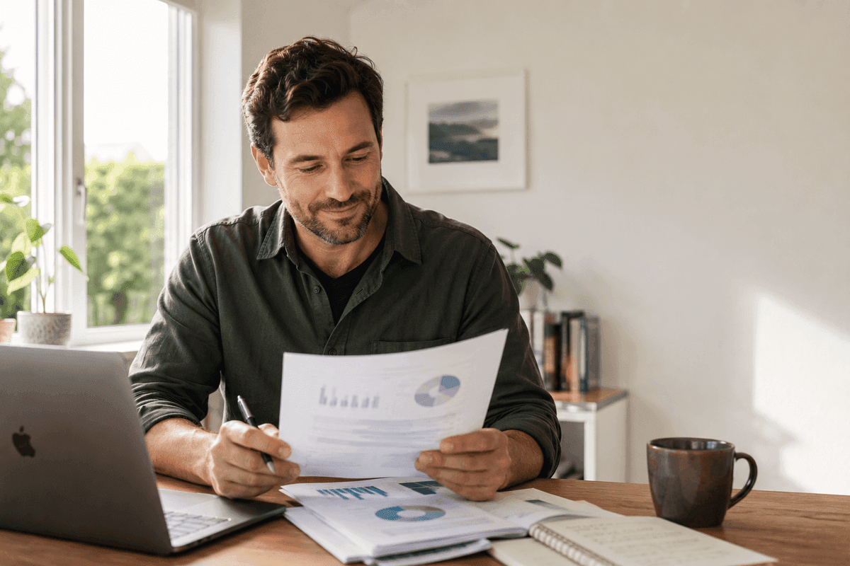 A business owner reading their printed MyBC Health Check at their desk